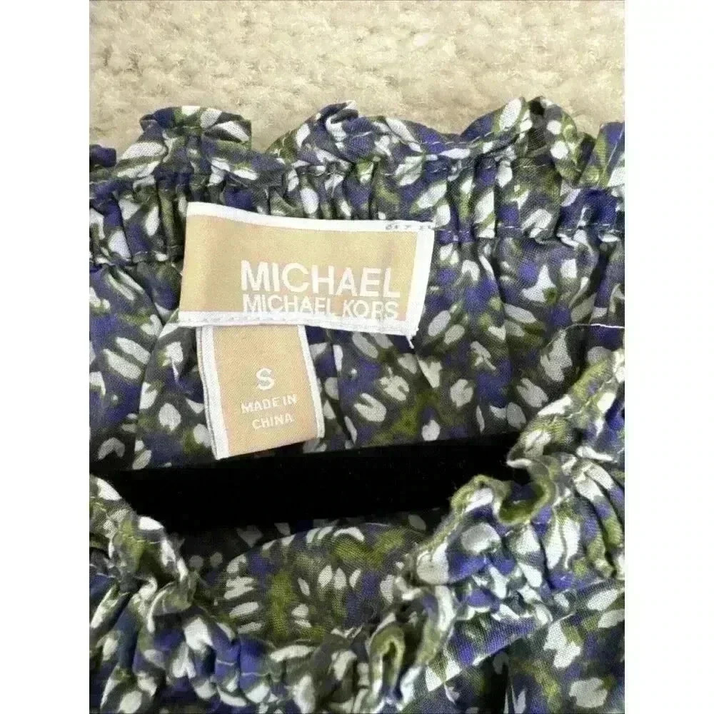 MICHAEL KORS Abstract Green Blue Print Ruffle Top Size S Elastic Waist - Picture 6 of 8